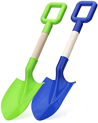 16 Kids Beach Spades Sand Shovels, Toys Gardening Tools Kit Sandbox Scoop Wood Handle Plastic Spade for Garden Sand Snow Backyard Summer Vacation for Kids Adults 2 Pack- Blue&Green