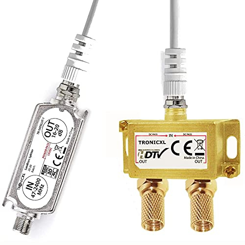 TronicXL Premium 2-Fach Antennenverteiler Splitter mit Sat Verstärker digital HD I für Satellit TV DVBT DVBS Unicable 3D 4K HDTV I Verteiler Weiche Inline für 2 Fernseher