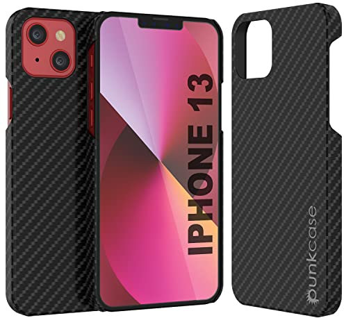 Punkcase Schutzhülle für iPhone 13 [CarbonShield-Serie], ultradünn, 2-teilig, doppellagig, PU-Leder, rutschfest, mit PunkShield-Displayschutzfolie für iPhone 13 (6,1 Zoll), Tiefschwarz