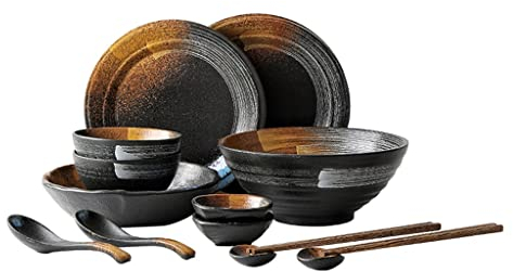 Assiette en céramique pour Salades Soupe Steaks Vaisselle japonaise noire Ensemble d'assiettes et de bols de 14/25 * 38 pièces Lave-vaisselle Vaisselle et plats de service