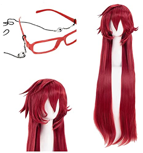 GZIRUE Rote Lange Perücke mit Brille für Grell Wig Cosplay Anime Kostüm with Wig Cap