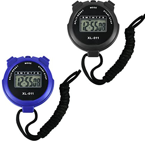2pcs Digital Sports Stopwatch Timer Stopwatch Large Display Interval Training Timer Outdoor Split Stop Watch Lap Timer Digital Calendar Alarm Clock Referee Watch for Running(Blue&Black)