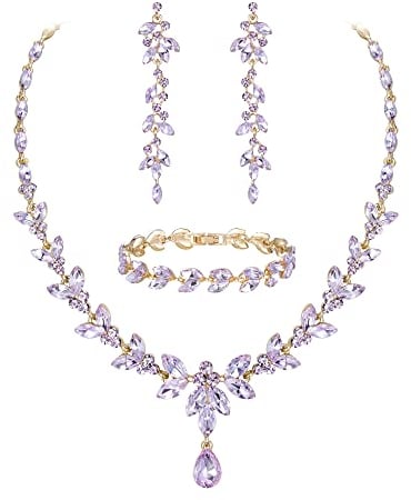 Ever Faith Marquise Crystal Party Jewellery Sets for Bride, Gorgeous Leaf Rhinestone Necklace Dangle Earrings Tennis Bracelet Set Light Purple Gold-Tone