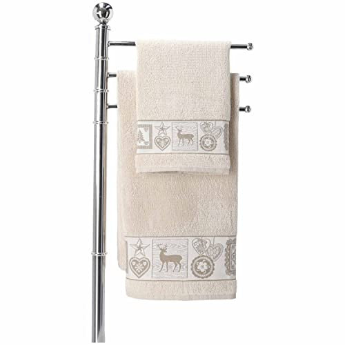 Casatessile Coppia di Asciugamani Viso e Bidet Tirolese Copiola Salviette Bagno con Disegno. - Beige