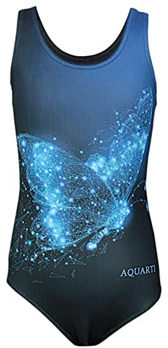 Aquarti Mädchen Badeanzug mit Ringerrücken Print, Farbe: Schmetterling Blau/Schwarz, Größe: 158