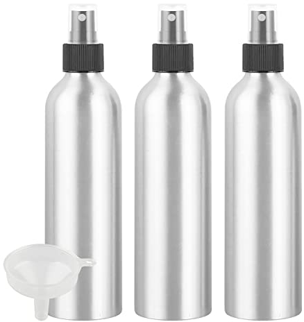 PQPAUTY 3 Piezas Pequeño 250ml botella de spray pulverizador Botella de Aluminio Plata con Bomba en Negro Niebla Fina Atomizador para Perfume Viaje Artículos de Agua Cosmético, con Embudo