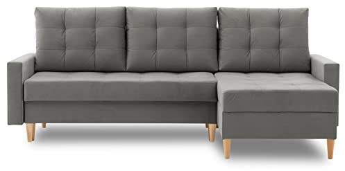 Ecksofa Lena 227x148 mit schlaffunktion und Bettaksen - Klassisch Design - Eckcouch mit Stauraum - Auffälliger Kronos Stoff - Kissen - Holzfüße - Auswahl an Farben (Kronos 15 RECHTS)