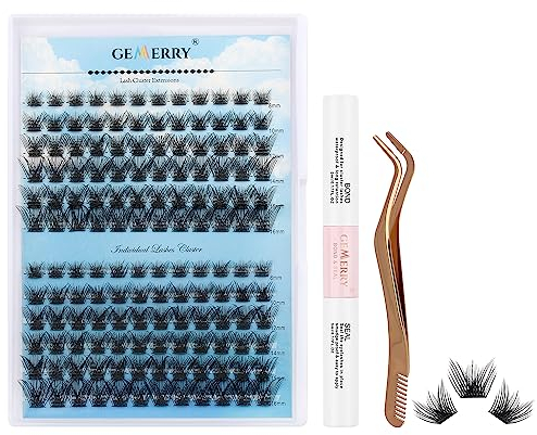 Gemerry Extension Ciglia Kit 144 pezzi Ciuffetti Ciglia Finte 0.07mm D Curl 8-16 mm con Lash Bond and Seal Colla Adesiva Pinzette er Uso Personale a Casa Ciglia a Grappolo(B04-Ciuffi Ciglia Kit)
