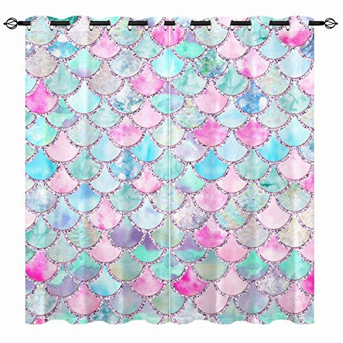 YUANZU Meerjungfrau Waagen Vorhänge Fisch Waagen Ösen Gardinen mit Blickdichte Thermo Vorhang Kälteschutz Blackout Curtain Wohnzimmer Schlafzimmer Verdunkelung Fenster, 2 Stück, H 137 x B 132 cm
