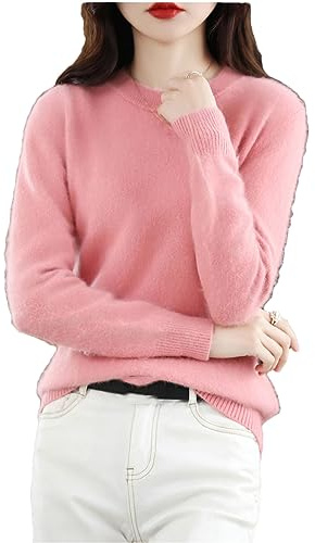 Damen-Pullover aus 100% Nerz-Kaschmir-Rundhalsausschnitt, Strickpullover, einfarbiges Bottoming-Shirt Pink L