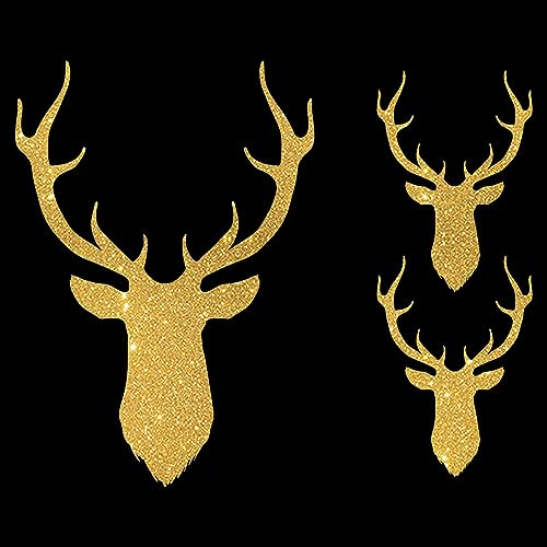 Glitzerdeals Bügelbilder Glitzer Hirsch Silhouetten 3er Set Oktoberfest gold Aufbügler für Textilien Karneval Kostüm Hirsch Bügelflicken Oktoberfest Fasching Patch zum Aufbügeln Hirsch