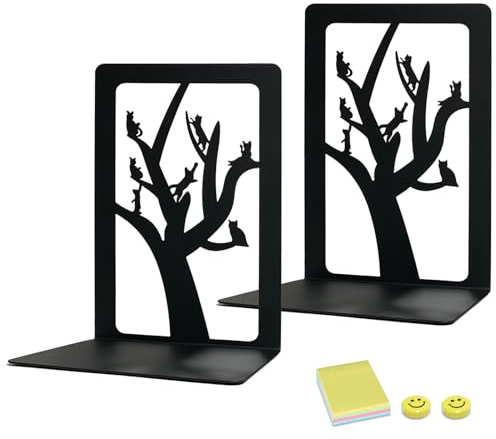 Qualsen 1 Paia Fermalibri Per Mensole,Reggilibri in Metallo Nero Reggi Libri,Reggilibri in ad Gatto Sull'albero,Reggilibri in Metallo,Fermalibri Decorativi per Casa, Ufficio, Studenti Regalo