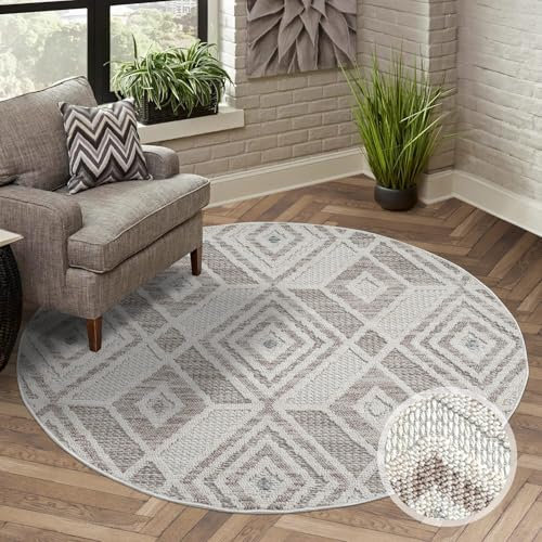 Teppich Kurzflor Wohnzimmer - Beige, Grün - 200x200 cm Rund - Teppiche Boho-Style - Rauten-Muster - Schlafzimmer, Esszimmer