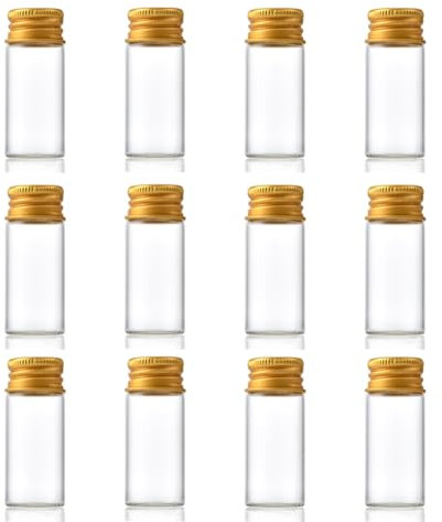 12Pcs 10ml Clear Glass Bottles with Screw Aluminum Screw Cap Mini Empty Glass Jars Small Bottles with Lids DIY Sample Vials Containers Wishes Bottle for Liquid Powder Jewelry Wedding Party Favors