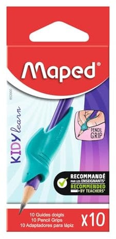 Maped - 10 Guides Doigts Amovibles pour Crayon Gris - Guide-doigts en Forme de Requin Bleu - Matière Soft - Outil d’aide à l'apprentissage de l'Ecriture pour Enfants