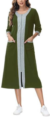 Rubehoow Women's Zipper Dressing Gown Short Sleeve Soft Cotton Duster Mumu House Dress (Army Green,M)