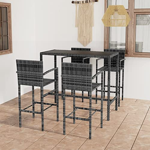 Rantry Gartenbar Set 5-TLG. Theke Bar Tresen Gartentheke Möbel Bartisch Stehtisch Barhocker Barstuhl Barhocker Balkonset Sitzgarnitur Gartenmöbel TerrazamöbelPoly Rattan Grau