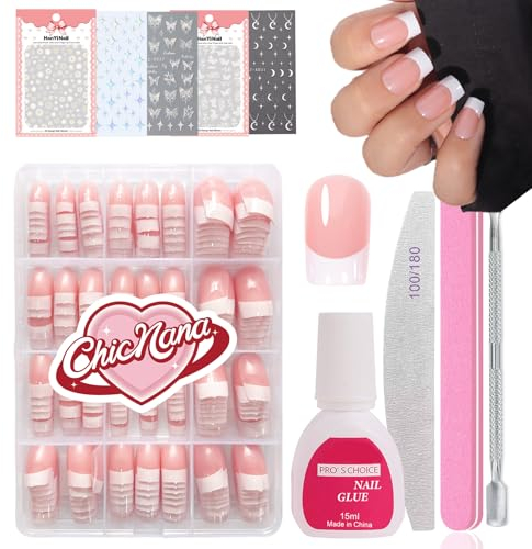 French False Nails Kit, 240Pcs Press On Nails with Stickers, False Nails With Glue Acrylic Fake Nails 12 Sizes Stick On Nails For Women French Tip Gift for Girls (Square)