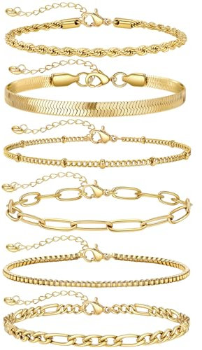 Ahokei 6PC Armband Damen Gold Armband Wasserfest,18K Gold Edelstahl Armbänder Damen Armkette Vergoldet Set,Geschenk für Sie,17+3CM