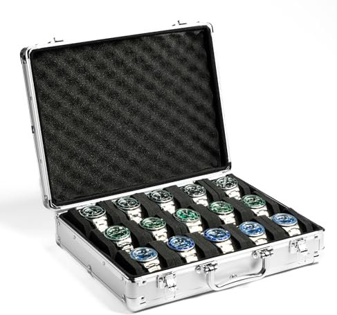 AUKURA Uhrenbox mit 15 Fächern, silberfarbene Aluminium-Aufbewahrungsbox für Uhren, Reisebox, gepolsterte Hülle für Uhren-Display und Organisation