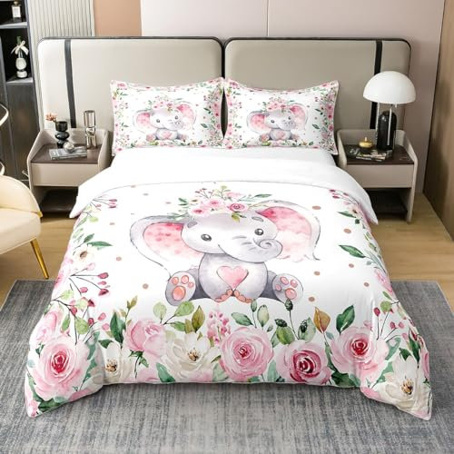 Loussiesd Elefanten Bettwäsche Set 155x220cm 100% Baumwollecm für Mädchen Jungen Kinder süßes Blumen Stil Betten Set 3D Wildtiermuster Bettbezug Set ethnischer Elefantendruck Bettwäsche 2 TLG