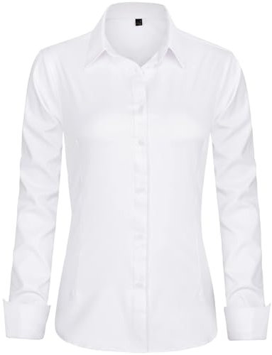 J.VER Bluse Damen Casual Business Blusen Button Down Shirts Klassische Langarm Kragen Tops Bügelleichtes Modern Oberteil,Weiß,L