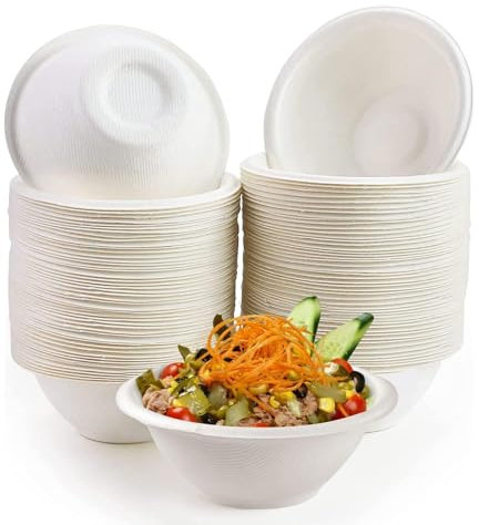 TESIN Lot de 200 assiettes en carton jetables compostables blanches de 200 ml, assiettes creuses biodégradables, bols en bagasse naturelles robustes pour soupe, salade, dessert, collations, crème