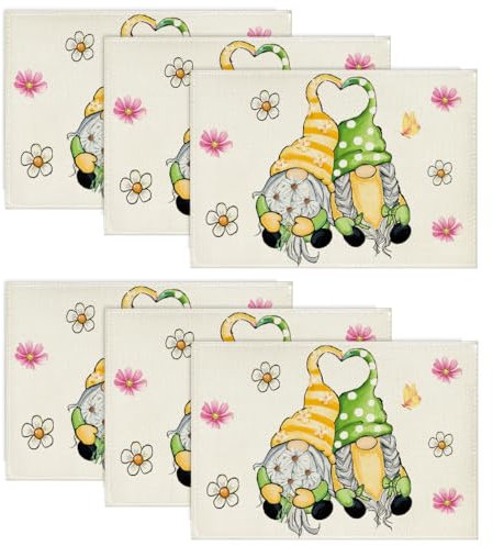 Artoid Mode GNOME Blumen Frühling Platzsets 6er Set, 30x45cm Urlaub Tischsets Waschbar Platzdeckchen Küche Party Deko