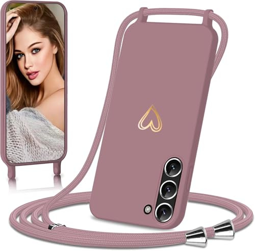 Eherui Handykette für Samsung Galaxy S23 5G Hülle mit Band,Design Gold Herz,Dünn Stoßfeste SchutzHülle,mit Abnehmbar Kordel zum Umhängen Liquid Silikon Case Handyhülle für Samsung S23,Rosa