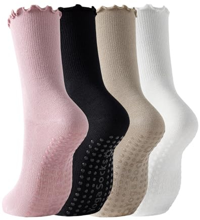 Yawlsow 4 Paar Yoga Pilates Grip Socken für Damen Rutschfeste Stoppersocken | aus weicher Baumwolle mit Silikon Punkten für Barre Tanz Fitness Trampolin Kampfsport Ballett Krankenhaus Zuhause mit Rüschen