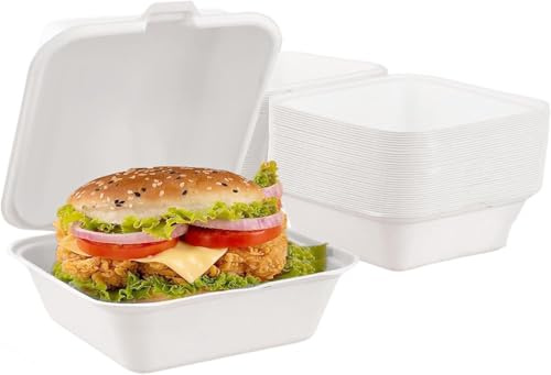 Biodegradable Clamshell Takeaway Boxes 6x6 Pack of 50, Disposable Food Container Burger Boxes for Hot & Cold Food, Microwave Safe, Heavy Duty, Tab Lock Closure