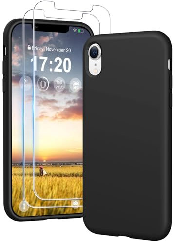 PuyaTeya 3 in 1 Hülle für iPhone XR, mit 2 Stück 9H Panzerglas Premium Liquid Silikon Hülle, mit 4-Layer stoßfeste abriebfestes, Soft Mikrofaserfutter Kratzfes Schutzhülle für iPhone XR(Tiefschwarz)