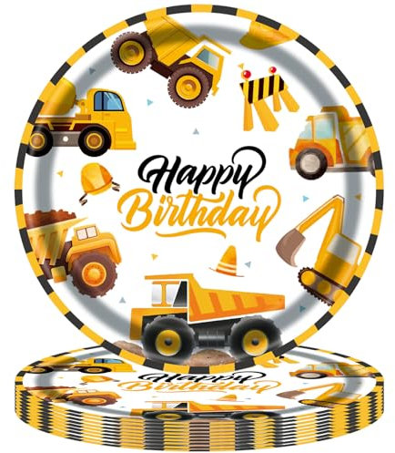POPOYU 16 Pièces Assiettes en Papier Vaisselle Anniversaire à Thème Chantier pour Garçons, 9 Pouces Assiettes Véhicule Idéal pour Fêtes d'Enfants, Excavatrice Table Décoration Joyeuse - 16 Invités