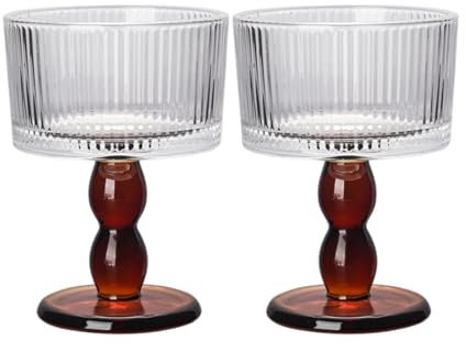 Boxonly Amber Striped Glass Goblet - 200ml Vintage Handcrafted Glass with Textured Pattern, Retro Amber Stem, Perfect for Champagne, Wine, Cocktails, and Celebrations