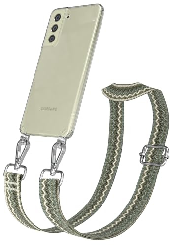 EAZY CASE Handykette - Verstellbares Taschenband kompatibel mit Galaxy S21 FE 5G, Schulterriemen, Handykordel mit Silikon Hülle, Umhängetasche, Grün Beige Silber