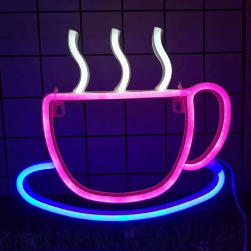 Panneau néon PIZZA – Lampe de nuit lumineuse à LED – Alimentation par USB et piles (tasse à café, rose)