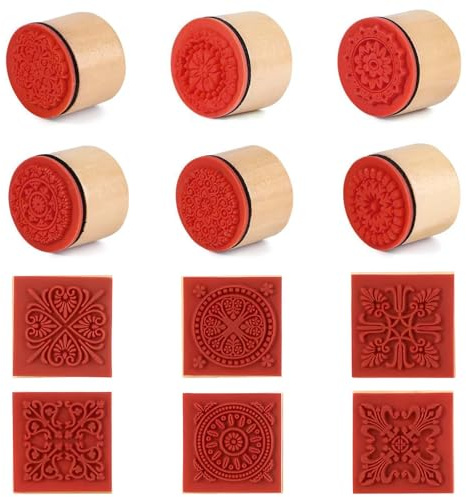 Fhioevt 12 Stück Holzstempel Ton Stempel für Ton und Keramik stempel Blumen Quadratische Stempel Runde Tonstempel für ton Motivstempel Töpferstempel Gummistempel für Scrapbooking Card