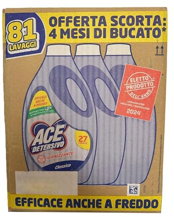 Ace Detersivo Igienizzante Classico Per Bucato 27 Lavaggi Confezione Da 3 Flaconi