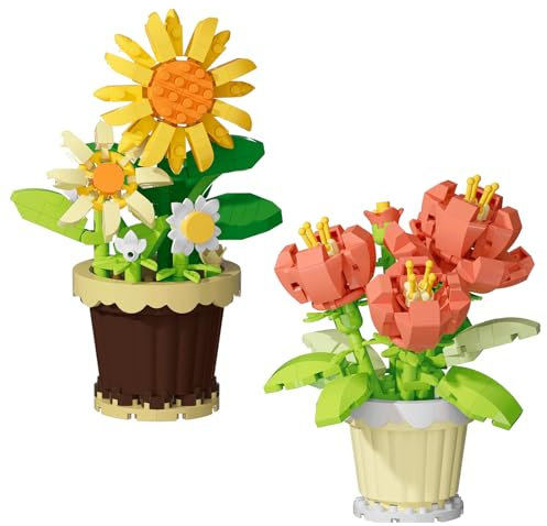 WACH AUF 2 Piezas Mini Maceta Bloques Construcción 214 pcs + 279 pcs Juego Bloques Construcción Pequeño Flores Plantas Bonsai Suculentas Flores Artificiales para Adultos y Niños(Girasol + Peonía)