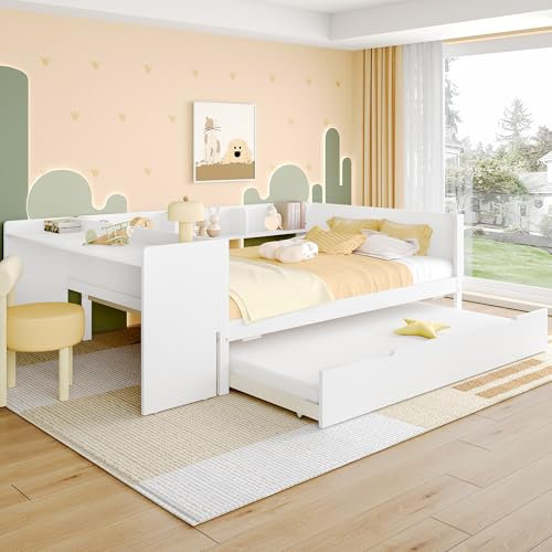 NNJN Flachbett, Holzbett, mit Schreibtisch, mit Rollbett, Doppelbett, mit Regalen, Kiefer+Spanplatte,140x200cm, (Ohne Matratze)