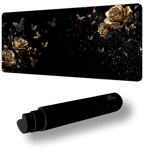 Gaming Mauspad XXL 900 x 300 MM Gold Mousepad Groß Schreibtischunterlage mit Rutschfester Gummibasis, Mauspad Rose mit Vernähte Kanten, Office Gaming Zubehör Desk Deko, Geschenke für Männer S-8521