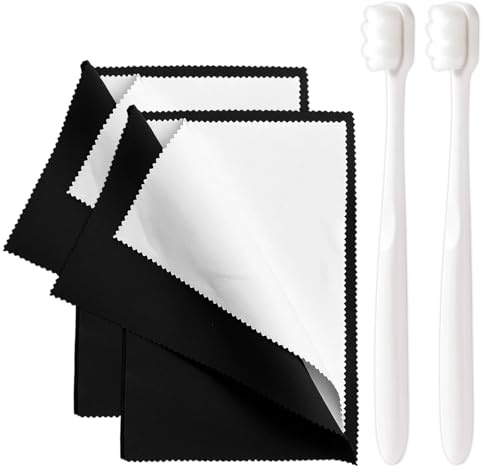 Silver Polishing Cloth, Silver Cleaning Cloth for Jewelry, 2 Black Double-Sided Velvet Polishing Cloths and 2 Wave-Head Soft Brushes, Jewellery Cleaning Kit