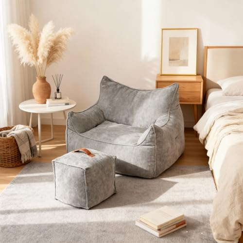 YU YUSING Sitzsack Sofa mit Hocker Bodensofa XXL mit Rückenlehne Bean Bag | Couch Bodenstuhl Lesesessel Bequem Erwachsene, Großer Lazy Sofa, Chair Relaxsessel Schlafzimmer Wohnzimmer, Wolkensamt Grau