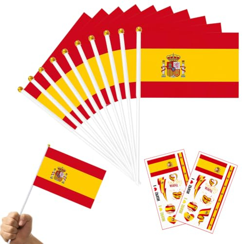 20 banderas de mano españolas con palo, pequeñas banderas angulares para Copa Mundial de Fútbol, eventos deportivos y decoraciones de fiesta en la calle – Incluye 2 pegatinas de tatuaje como adición