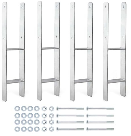 XPOtool Pfostenträger feuerverzinkt 101 x 600mm 4 Stück, H-Anker aus Carbonstahl, Pfostenanker mit Bohrlöchern M10 x 130, Pfostenschuh mit 2 Verstrebungen