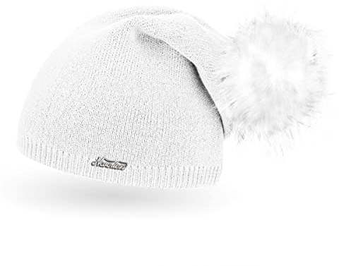 Neverless® außergewöhnliche Damen Strickmütze mit Fell-Bommel, Strick-Beanie weiß Unisize