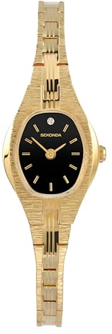 Sekonda Evelyn 22mm Women’s Gold Analogue Classic Quartz Cocktail Watch with Black Stone Set Dial Mineral Glass and Stainless Steel Strap