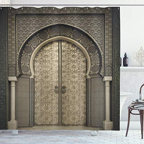 ABAKUHAUS Marokkanisch Duschvorhang, Gealterte Tor Geometric, Stoffliches Gewebe Badezimmerdekorationsset mit Haken, 175 x 200 cm, Sepia Schwarz