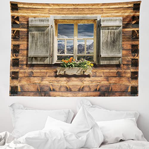 ABAKUHAUS Rustikal Wandteppich, Blick vom Berghütte aus Weiches Mikrofaser Stoff Waschbar ohne Verblassen Digitaldruck, 150 x 110 cm, Braun Grün