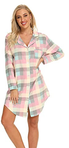 Misscoo Nachthemd Damen Langarm - Schlafhemd Button-Down Frauen Baumwoll Schlafhemd Langarm Nachthemd Flanell Nachthemd Plaid Grün S